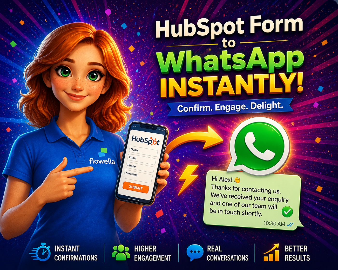 A Flo, da Flowella, segura um telemóvel no qual se vê uma confirmação instantânea do HubSpot enviada pelo WhatsApp após o envio de um formulário