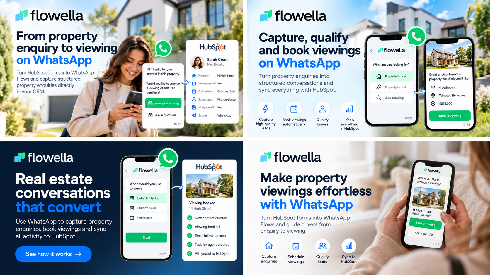 WhatsApp per agenti immobiliari: una casa in 3D con una “porta” nella chat di WhatsApp che invia messaggi a un calendario delle visite prenotate