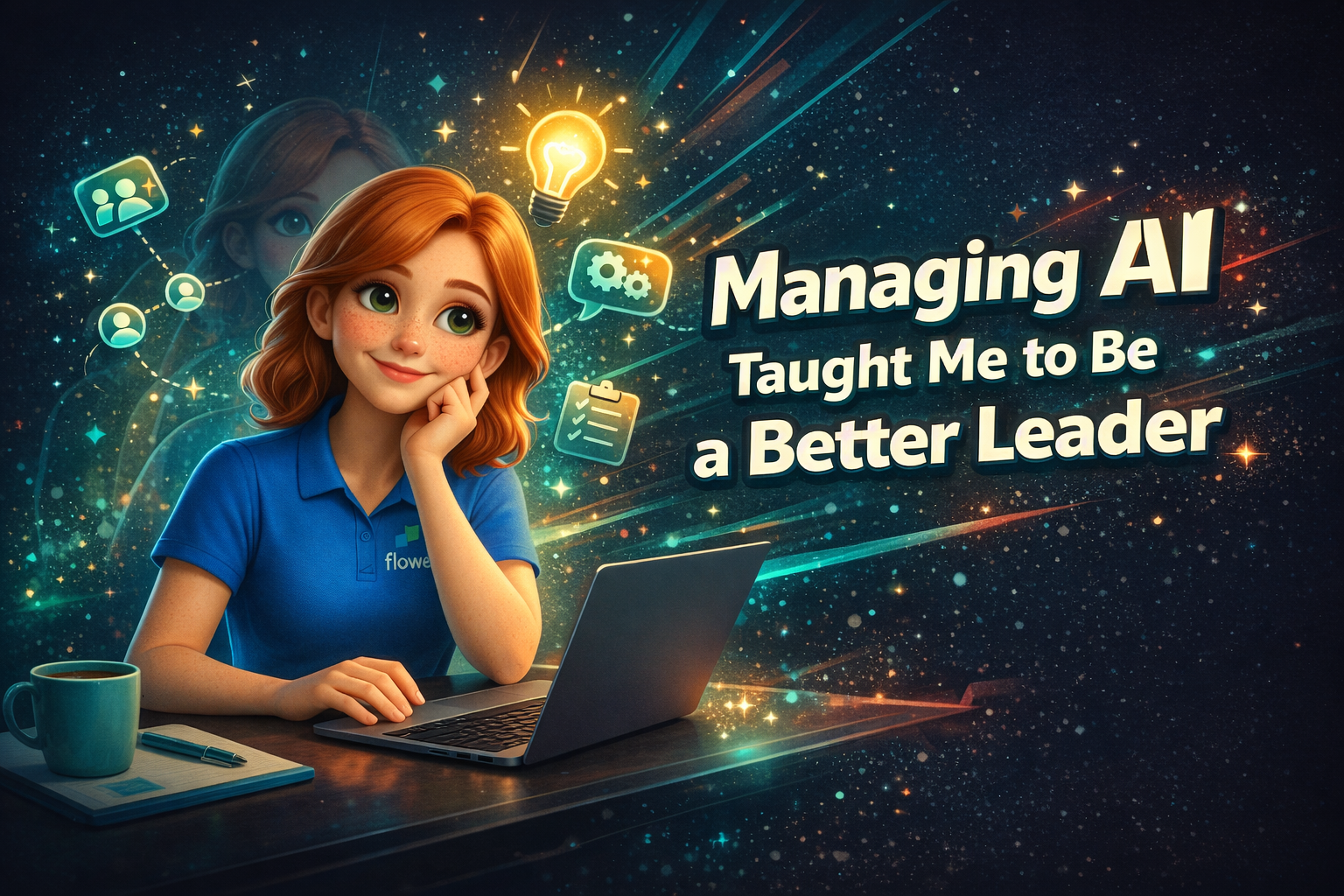 Managing AI taught me to be a better leader - Flo character at desk with laptop and leadership icons