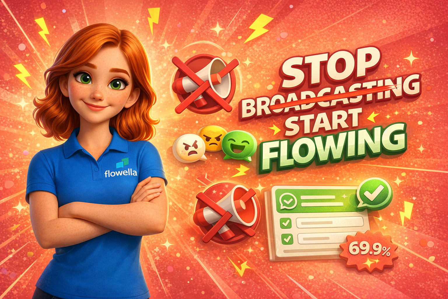 Flo character with arms crossed next to Stop Broadcasting Start Flowing text on coral background with crossed-out megaphone and WhatsApp Flow form elements
