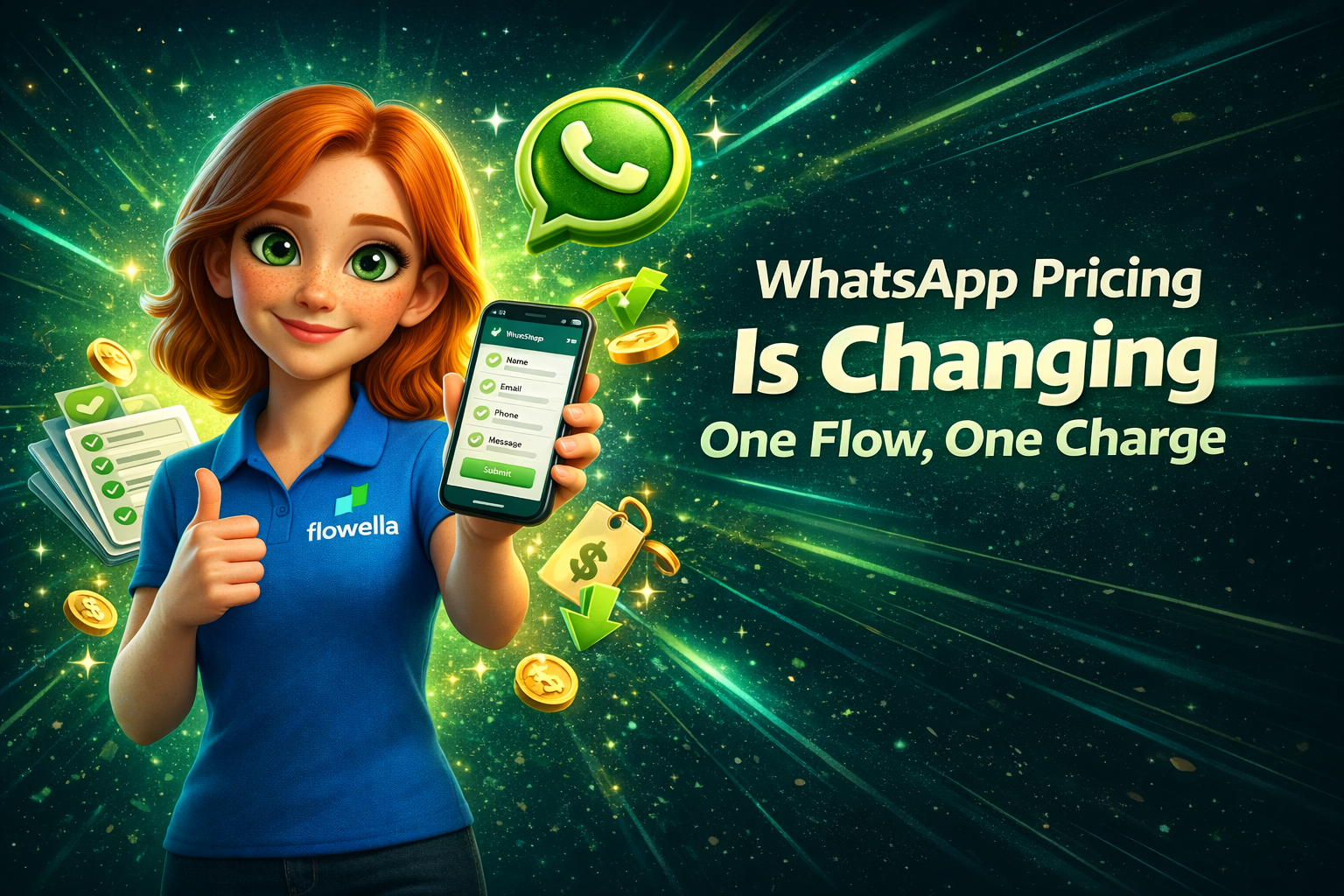 A Flo segura um telemóvel no qual se vê um formulário do WhatsApp Flow, com as palavras «Os preços do WhatsApp vão mudar: um Flow, uma tarifa»