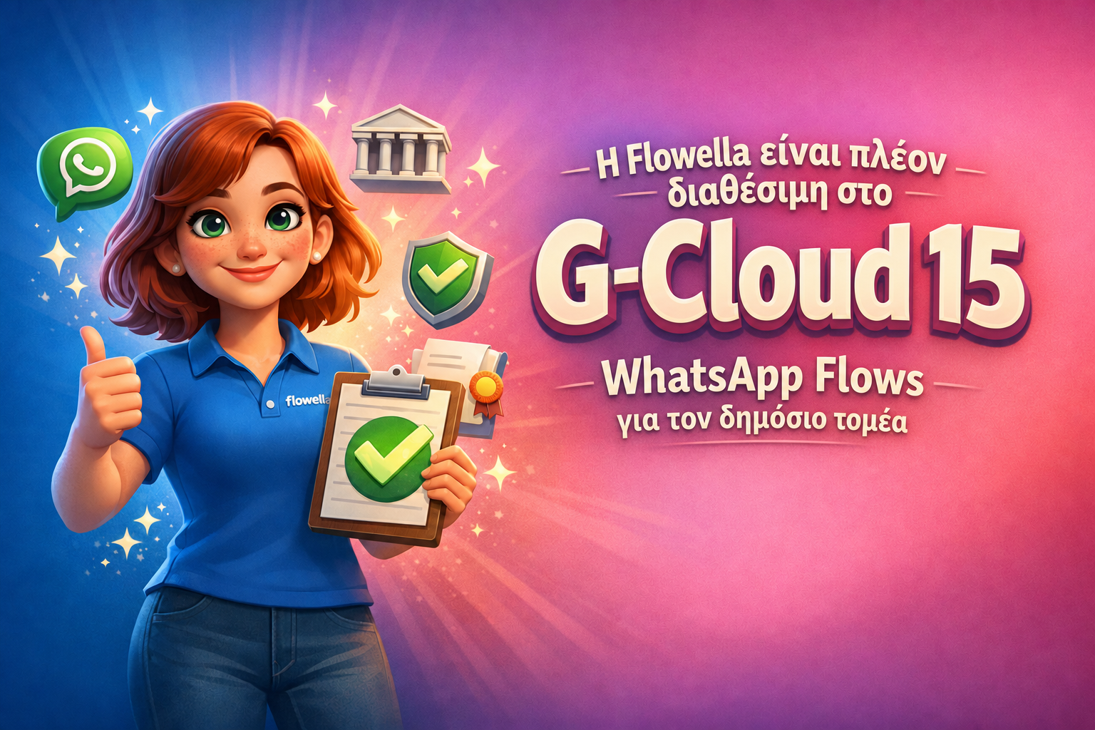 Η Flo, η μασκότ της Flowella, δείχνει τον αντίχειρα προς τα πάνω και κρατά ένα μπλοκ σημειώσεων με ένα πράσινο τικ δίπλα στις λέξεις «Η Flowella είναι πλέον στο G-Cloud 15, WhatsApp Flows για τον δημόσιο τομέα»