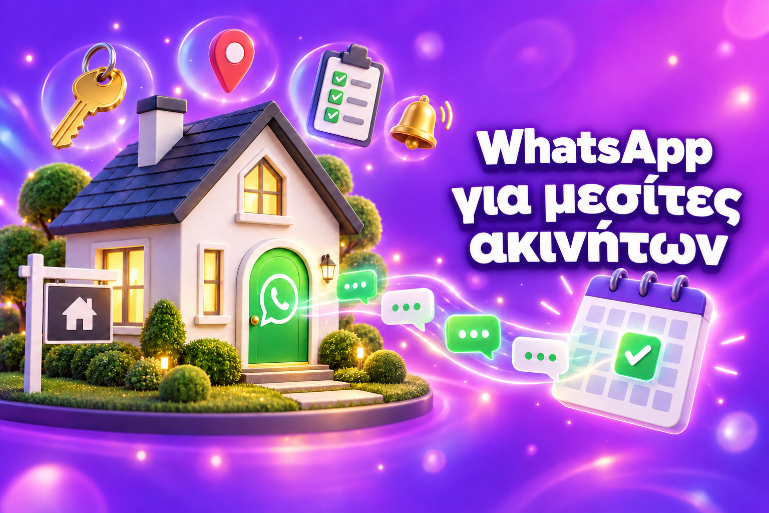 Το WhatsApp για μεσίτες ακινήτων: ένα σπίτι σε 3D με μια «πόρτα» συνομιλίας στο WhatsApp που στέλνει μηνύματα σε ένα ημερολόγιο προγραμματισμένων επισκέψεων