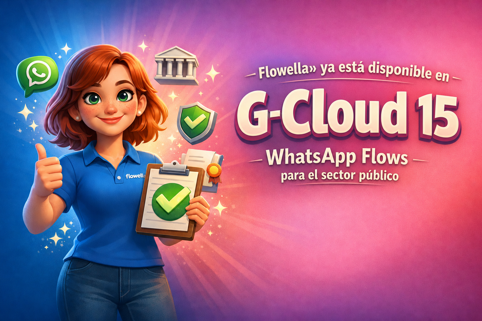 Flo, la mascota de Flowella, levantando el pulgar y sosteniendo un portapapeles con una marca verde junto a las palabras «Flowella ya está en G-Cloud 15, WhatsApp Flows para el sector público».