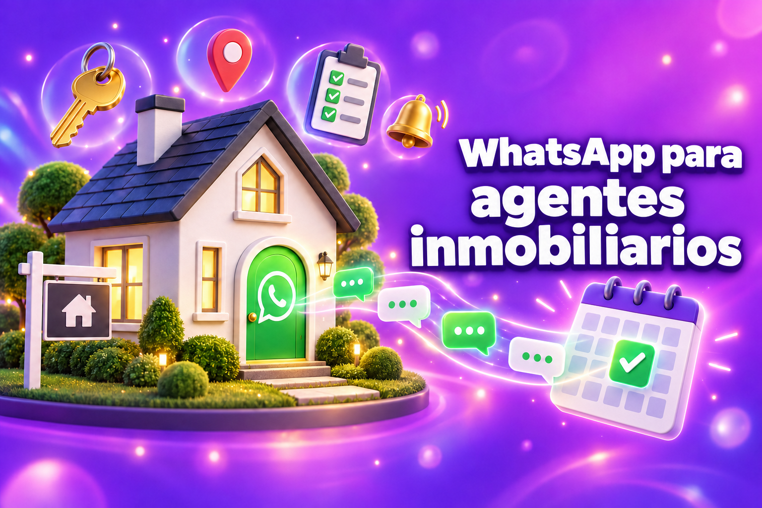 WhatsApp para agentes inmobiliarios: una casa en 3D con una «puerta» de chat de WhatsApp que envía mensajes a un calendario de visitas reservadas