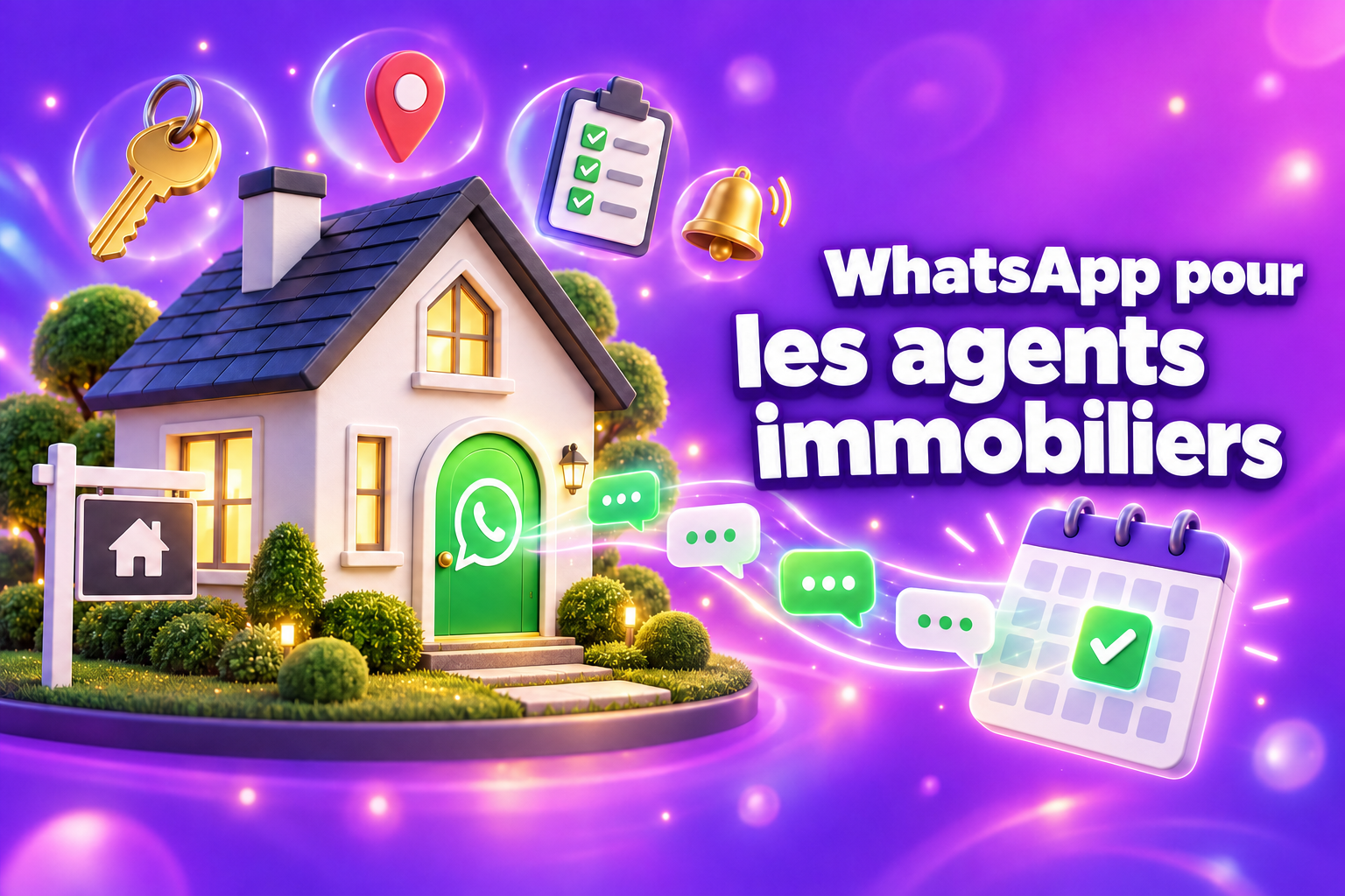 WhatsApp pour les agents immobiliers : une maison en 3D dotée d'une « porte de discussion » WhatsApp permettant d'envoyer des messages vers un calendrier de visites réservées