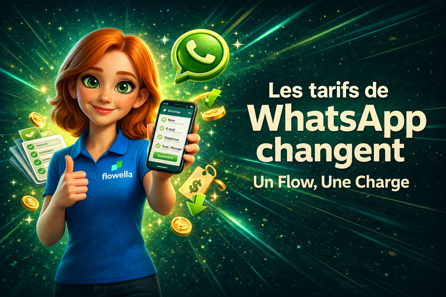 Flo tient un téléphone sur lequel s'affiche un formulaire WhatsApp Flow, avec la mention « Les tarifs WhatsApp changent : un seul flux, un seul tarif ».