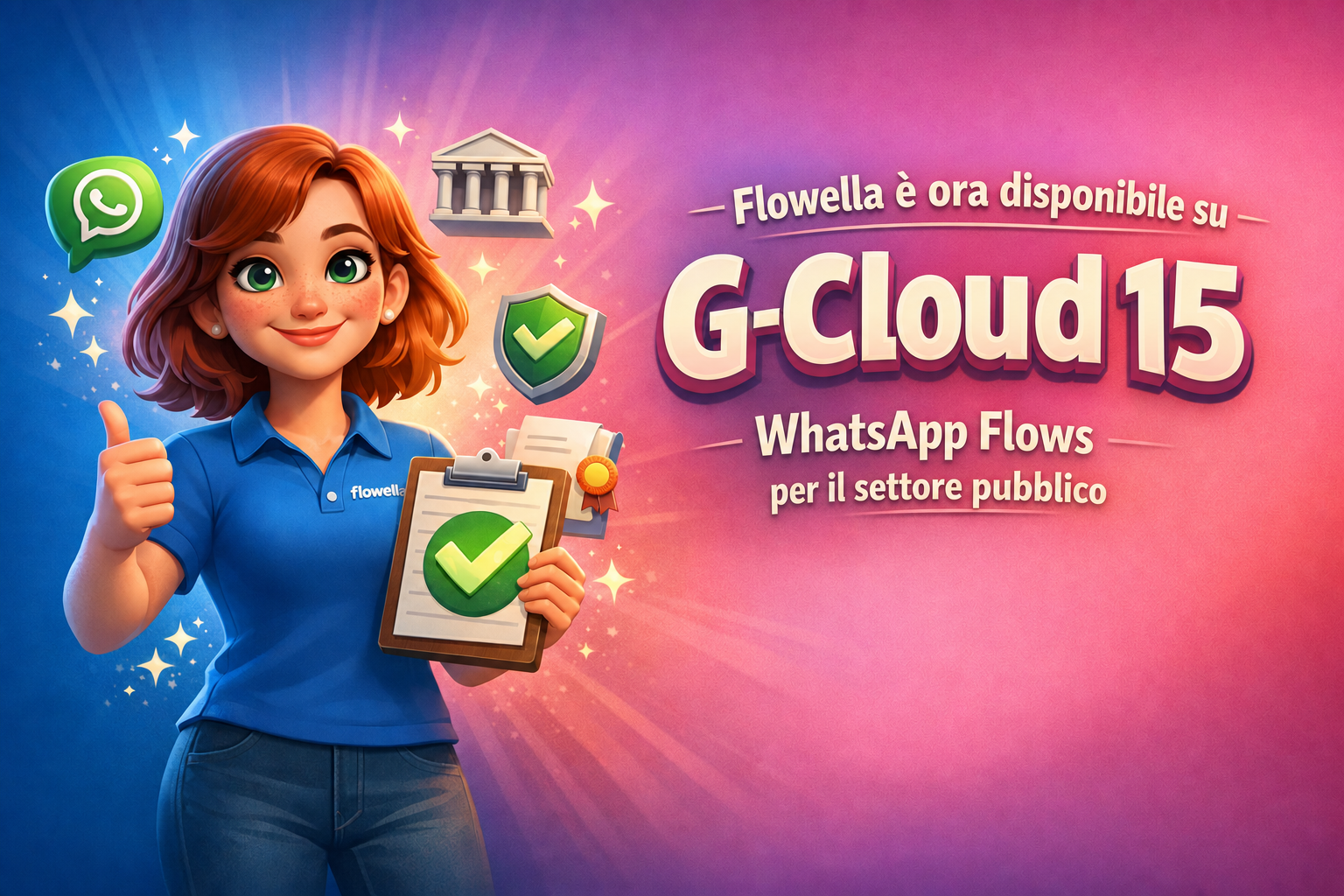 Flo, la mascotte di Flowella, con il pollice alzato e una cartellina in mano su cui è disegnato un segno di spunta verde accanto alla scritta “Flowella è ora su G-Cloud 15, WhatsApp Flows per il settore pubblico”