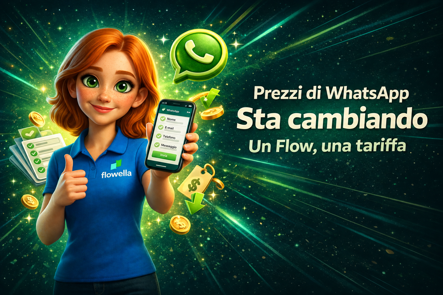 Flo tiene in mano un telefono su cui è visualizzato un modulo di WhatsApp Flow, con la scritta “I prezzi di WhatsApp stanno cambiando: un unico flusso, un unico costo”