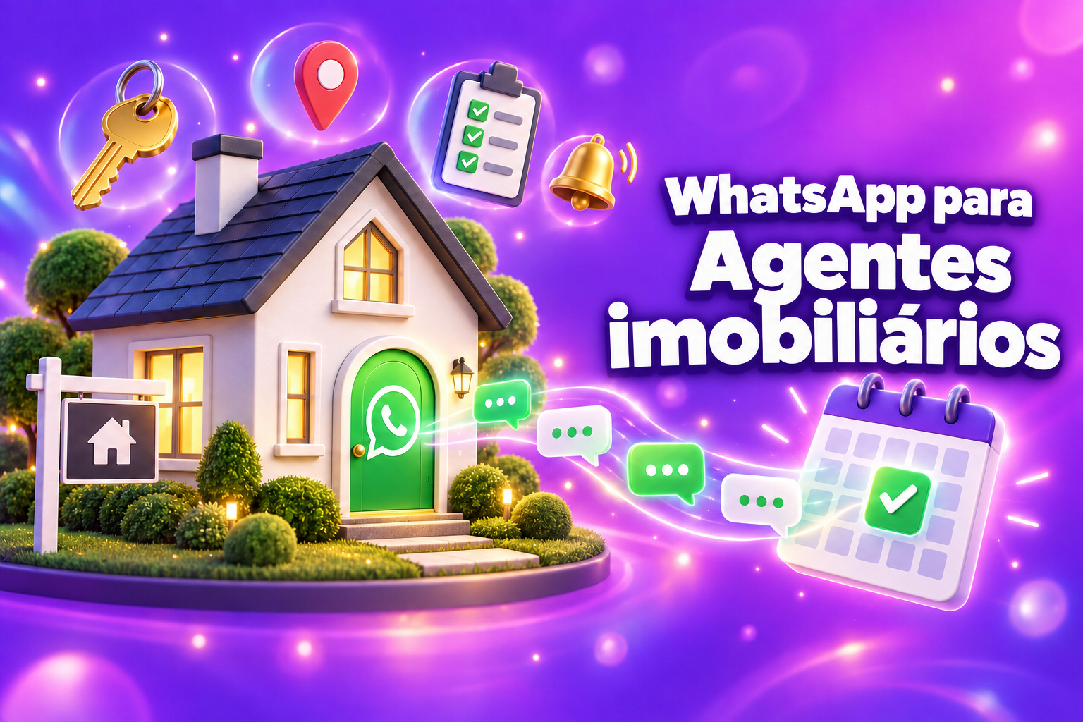 WhatsApp para agentes imobiliários: uma casa em 3D com uma porta de chat do WhatsApp que envia mensagens para um calendário de visitas marcadas