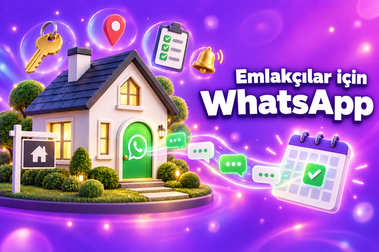 Emlakçılar için WhatsApp: WhatsApp sohbet penceresi aracılığıyla rezervasyon yapılmış ev gezisi takvimine mesajlar gönderen 3 boyutlu bir ev