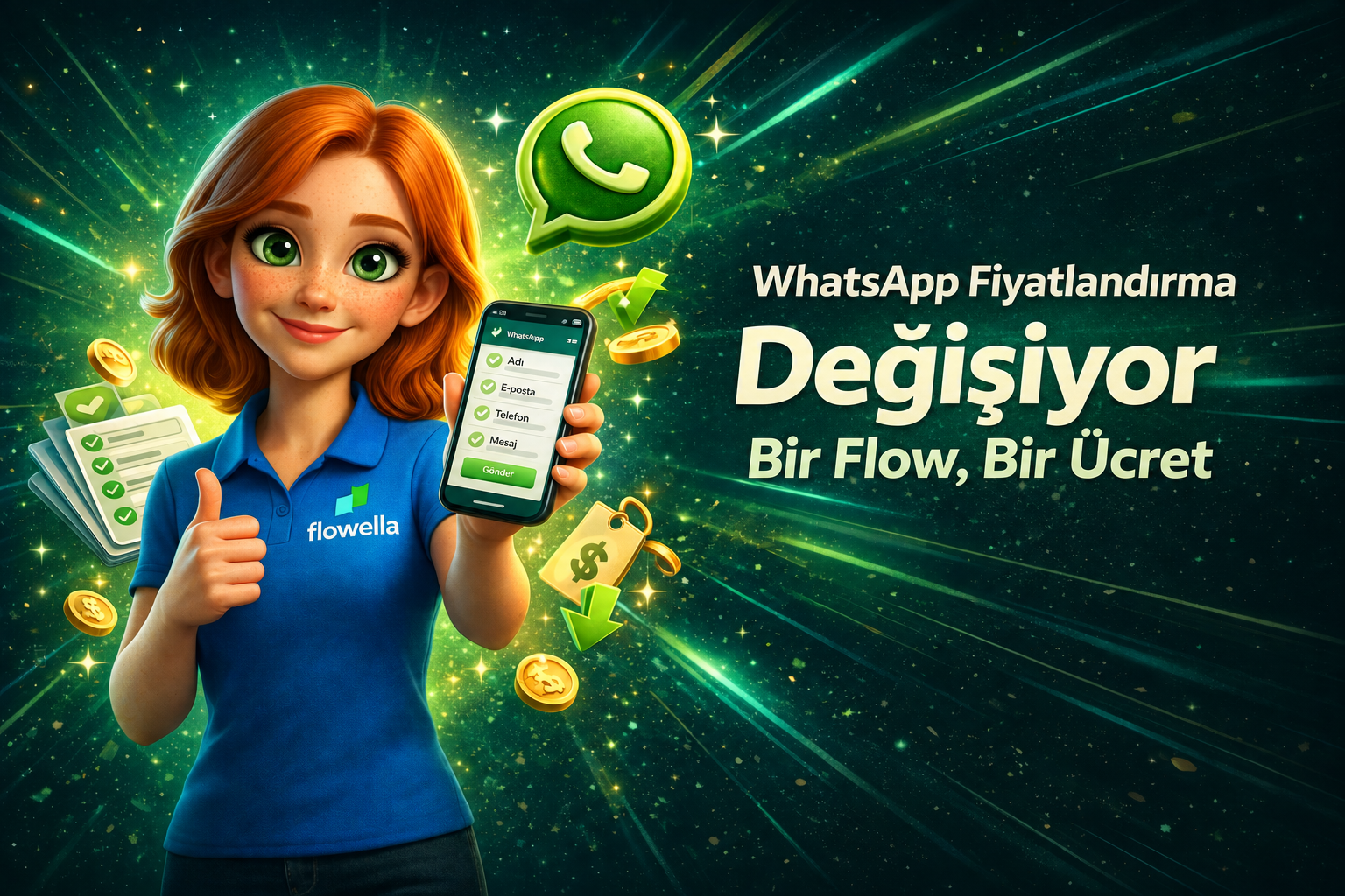 Flo, üzerinde “WhatsApp Fiyatlandırması Değişiyor, Tek Akış, Tek Ücret” yazan bir WhatsApp Flow formunun görüntülendiği bir telefonu elinde tutuyor