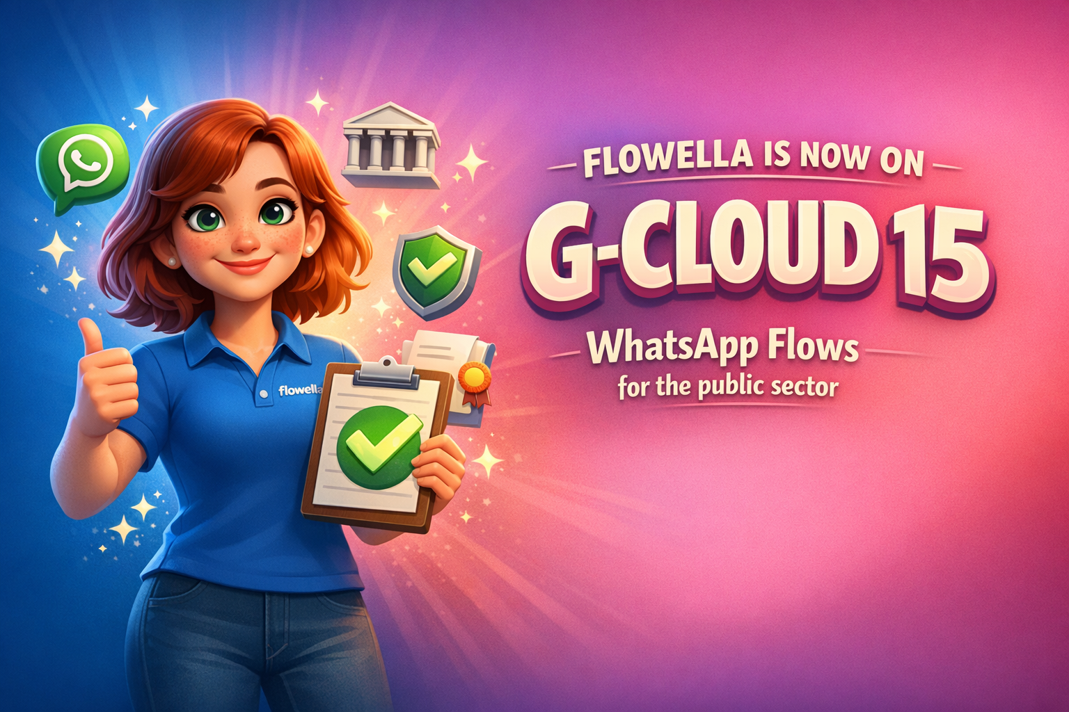 Flo, a mascote da Flowella, a fazer o sinal de «polegar para cima» e a segurar uma prancheta com um visto verde ao lado das palavras «A Flowella já está no G-Cloud 15, WhatsApp Flows para o setor público»