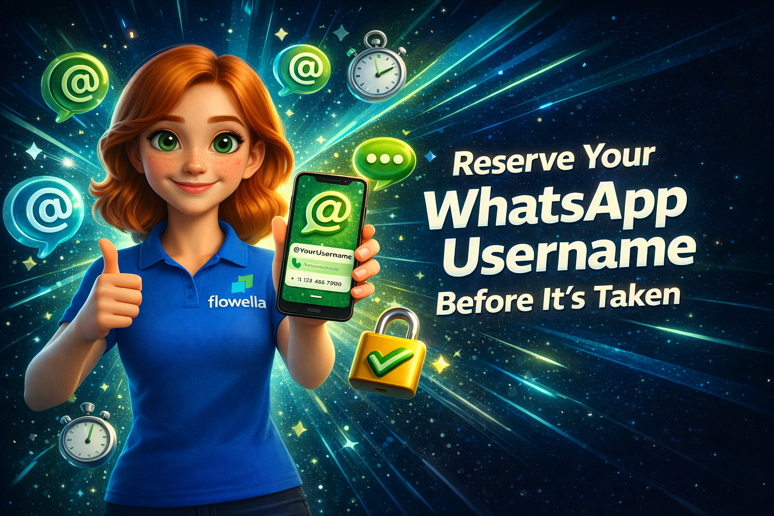 Reserva o teu nome de utilizador do WhatsApp Business antes que seja ocupado: Flo a segurar um telemóvel que mostra um nome de utilizador com @